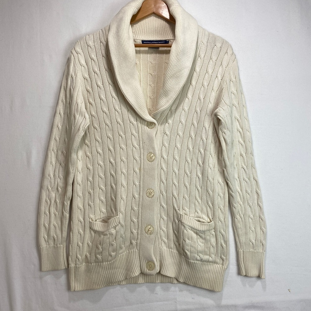 VTG Ralph‎ Lauren Sport Men sz L Cream Cable Knit Cotton Button Cardigan Sweater
